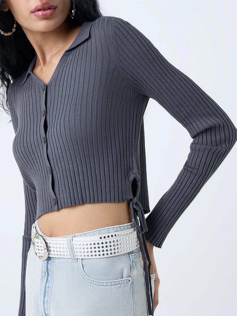 Nuon Dark Grey Self-Striped Top - Image 3