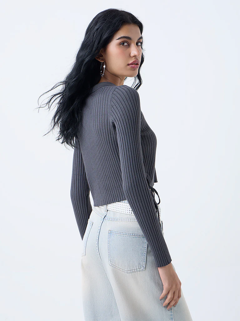 Nuon Dark Grey Self-Striped Top - Image 4