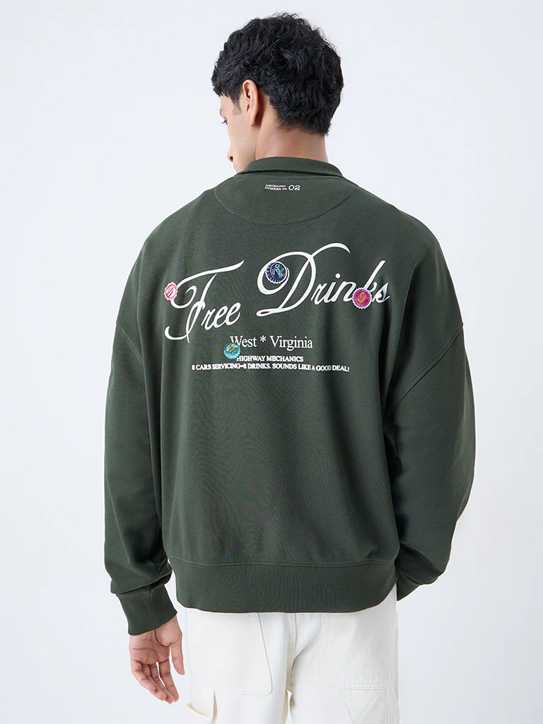 Nuon Dark Olive Relaxed-Fit Cotton-Blend Quarter-Zip Sweatshirt - Image 4