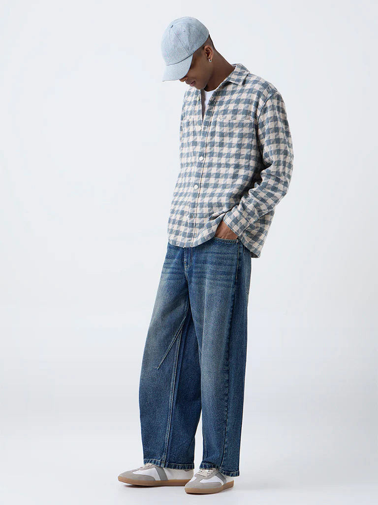 Nuon Dusty Blue Check Detailed Relaxed-Fit Cotton Shirt