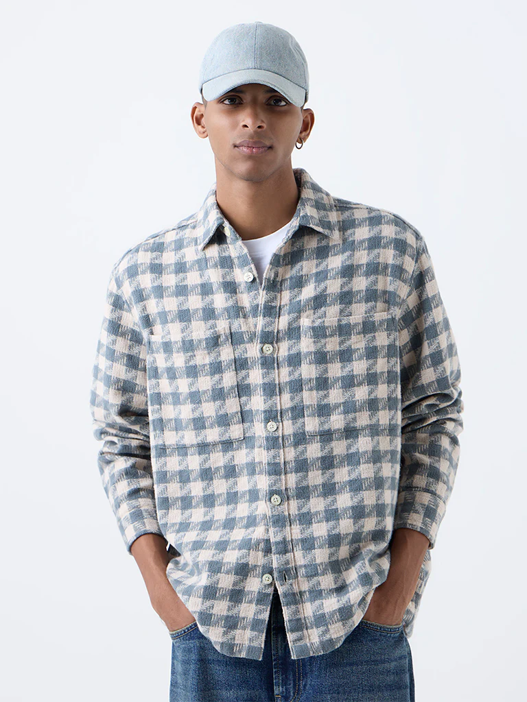 Nuon Dusty Blue Check Detailed Relaxed-Fit Cotton Shirt - Image 2