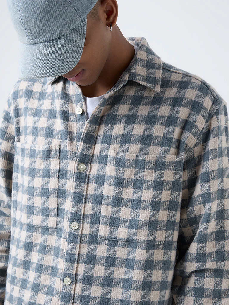 Nuon Dusty Blue Check Detailed Relaxed-Fit Cotton Shirt - Image 3