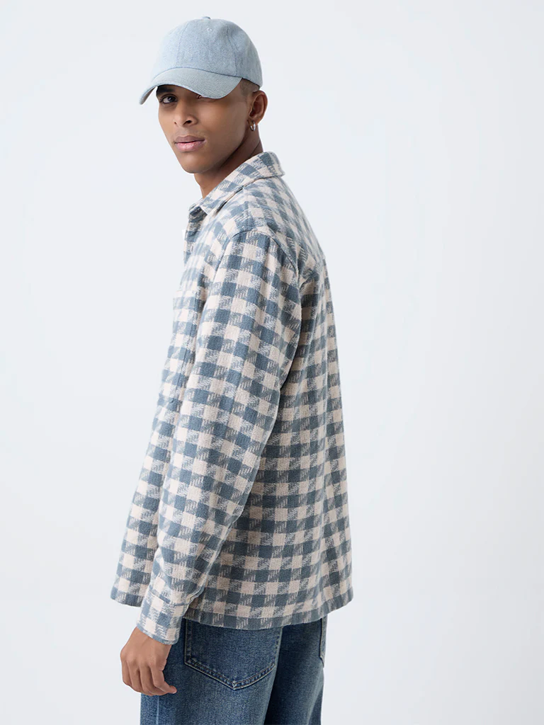 Nuon Dusty Blue Check Detailed Relaxed-Fit Cotton Shirt - Image 4