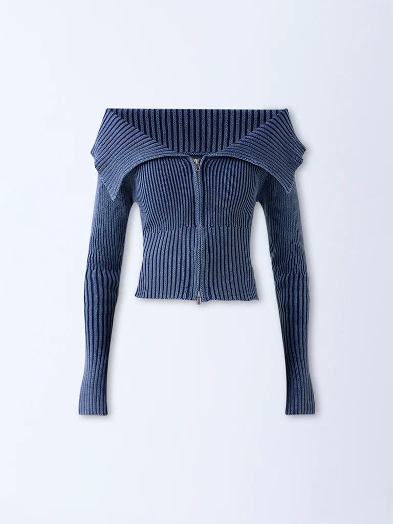 Nuon Dusty Blue Off-Shoulder Ribbed Cotton Top - Image 5