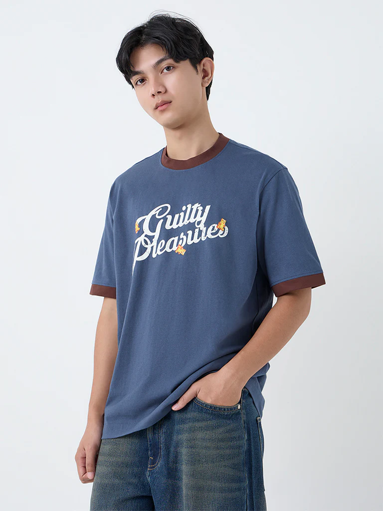 Nuon Dusty Blue Typographic Relaxed-Fit Cotton T-Shirt - Image 2