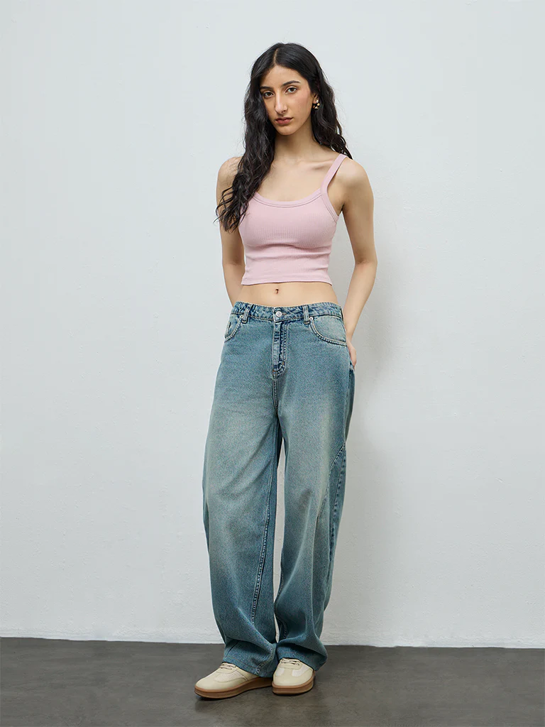 Nuon Dusty Pink Ribbed-Textured Cotton-Blend Top - Image 3