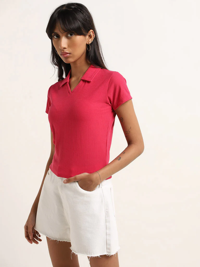 Nuon Fuchsia Ribbed Textured T-Shirt - Image 3