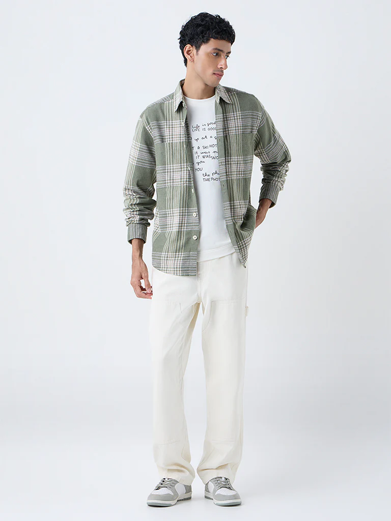 Nuon Green Checkered Relaxed-Fit Cotton Shirt - Image 2