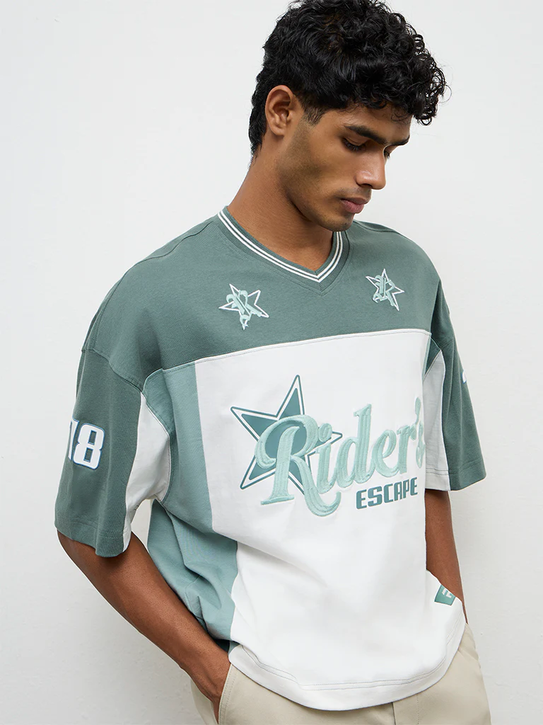 Nuon Green Color-Blocked Oversized Cotton T-Shirt - Image 2
