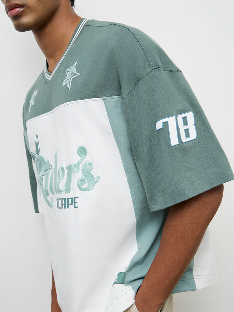 Nuon Green Color-Blocked Oversized Cotton T-Shirt - Image 3