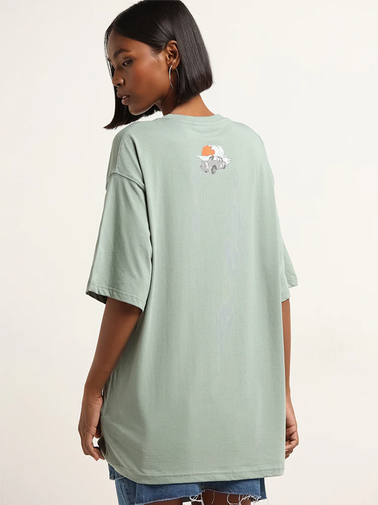 Nuon Green Contrast Print Cotton Oversized T-Shirt - Image 4