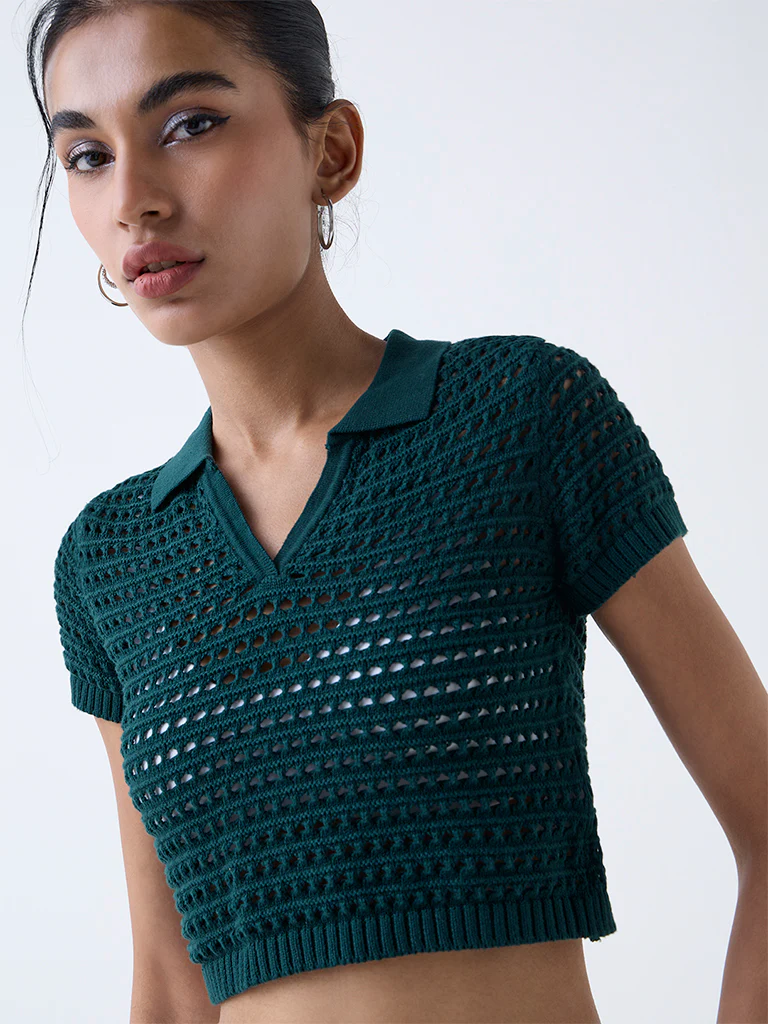 Nuon Green Crochet-Detailed Cotton Top - Image 3