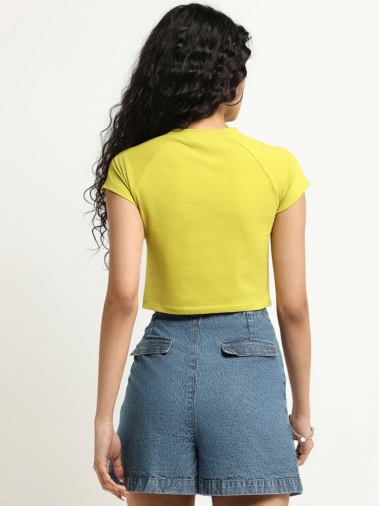 Nuon Green Printed Ruched Cotton-Blend Crop T-Shirt - Image 4