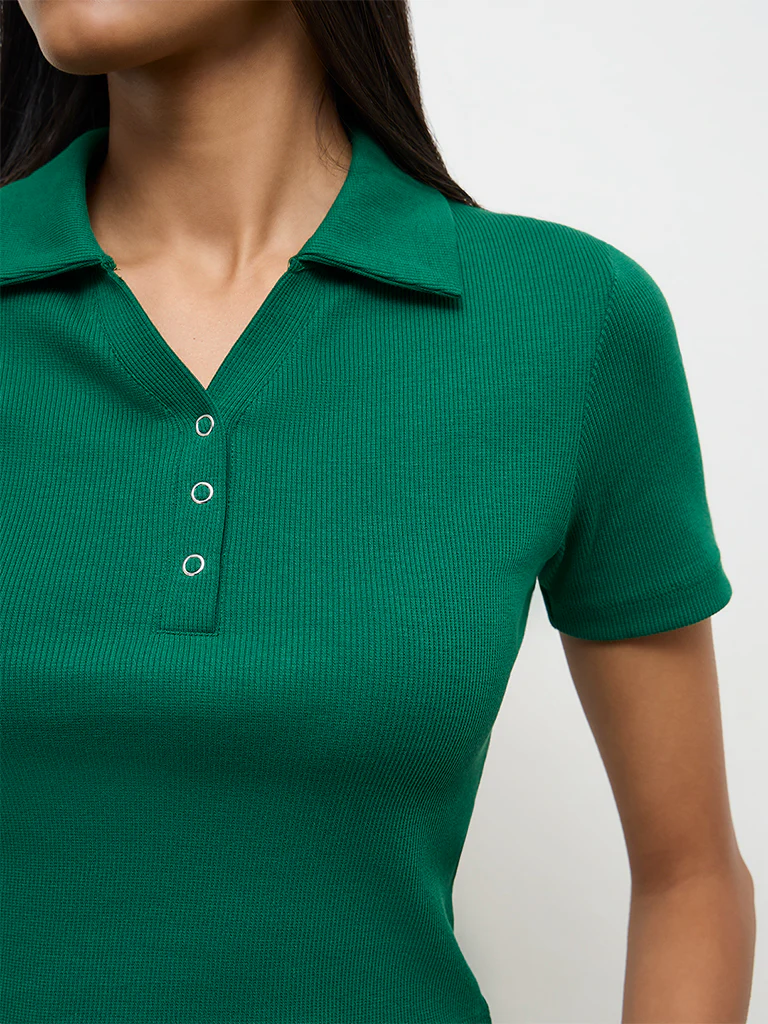 Nuon Green Ribbed Cotton-Blend T-Shirt - Image 3
