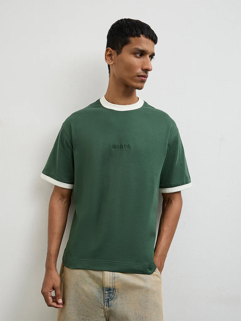 Nuon Green Solid Relaxed-Fit Cotton-Blend T-Shirt