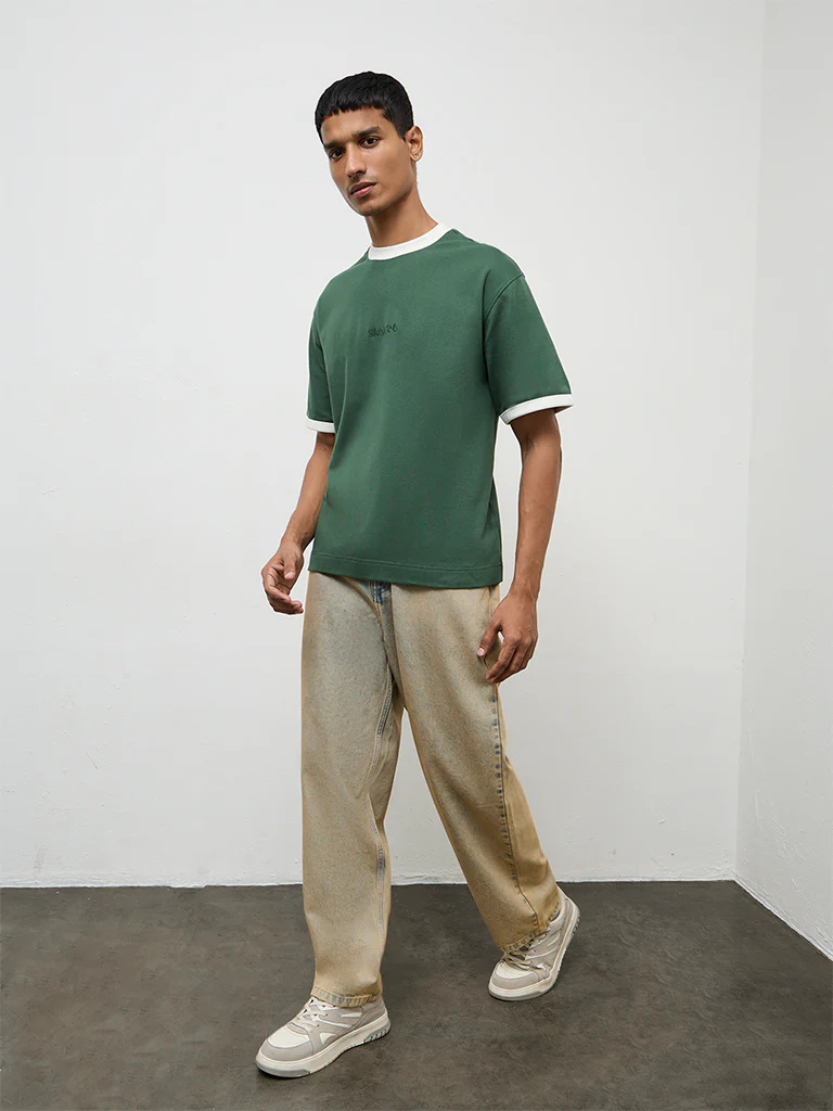 Nuon Green Solid Relaxed-Fit Cotton-Blend T-Shirt - Image 2