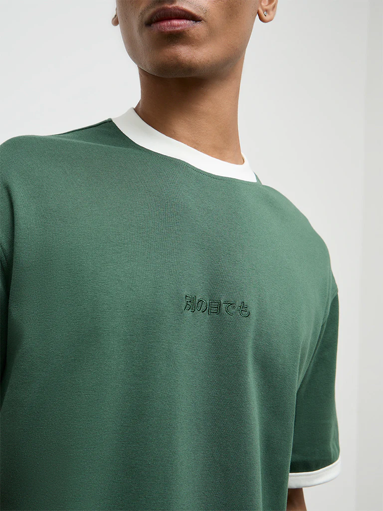 Nuon Green Solid Relaxed-Fit Cotton-Blend T-Shirt - Image 3