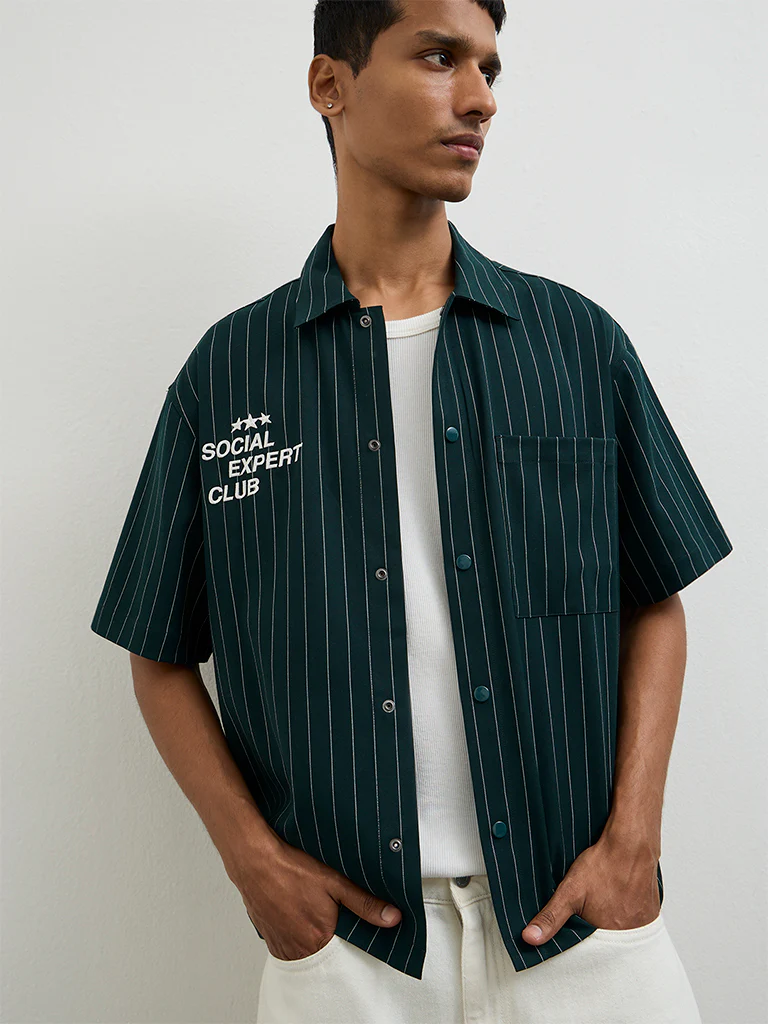 Nuon Green Stripe-Printed Relaxed-Fit Shirt