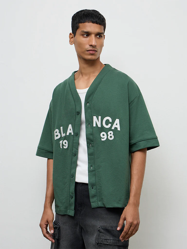 Nuon Green Typographic Relaxed-Fit Cotton-Blend Shirt