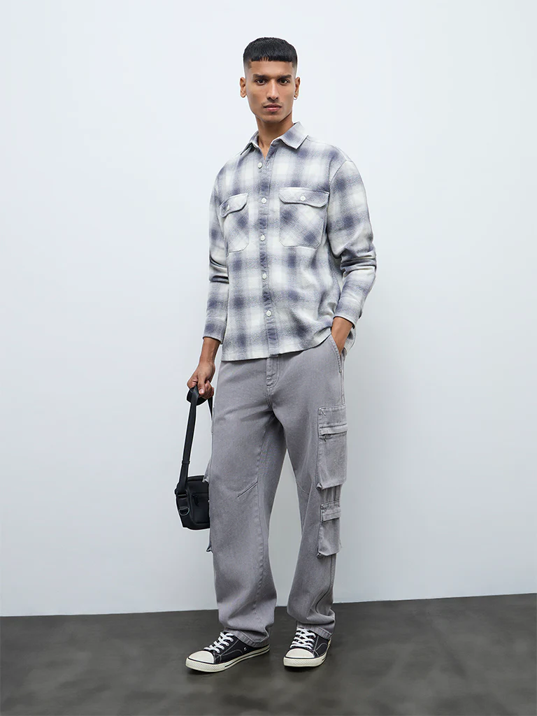 Nuon Grey Checkered Relaxed-Fit Cotton Shirt - Image 2