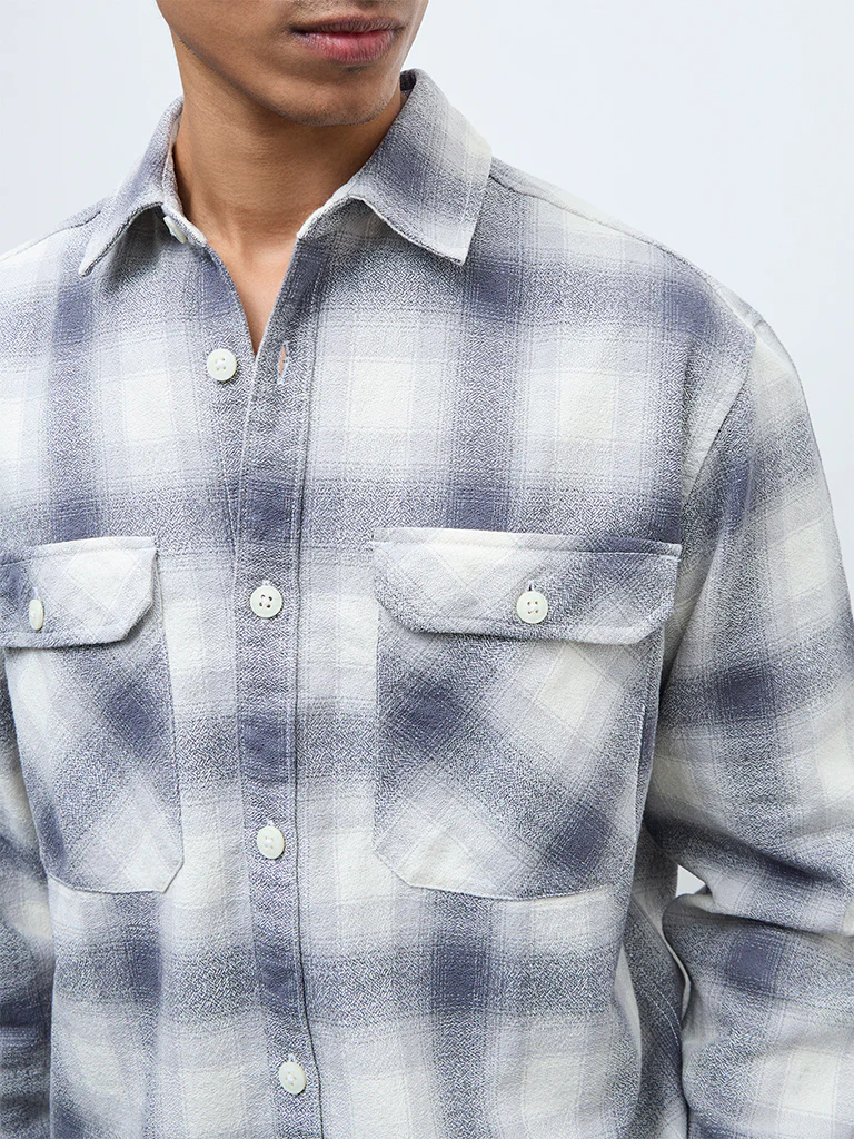 Nuon Grey Checkered Relaxed-Fit Cotton Shirt - Image 3