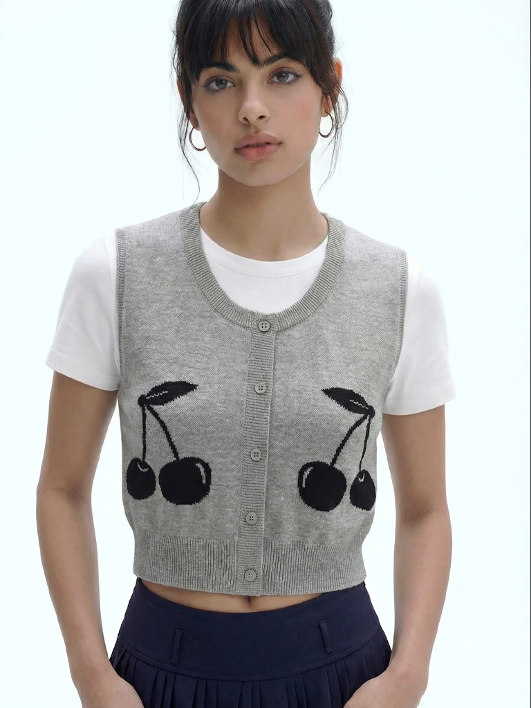 Nuon Grey Cherry Knitted Cotton-Blend Top