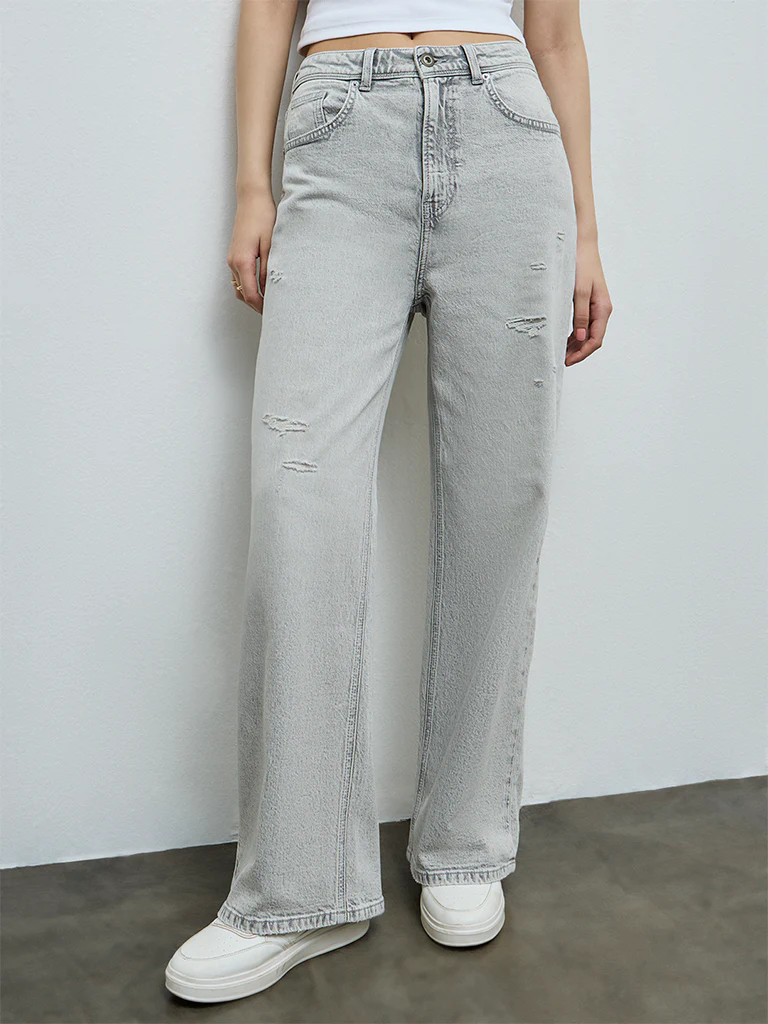 Nuon Grey Distressed High-Rise Jeans - Image 2
