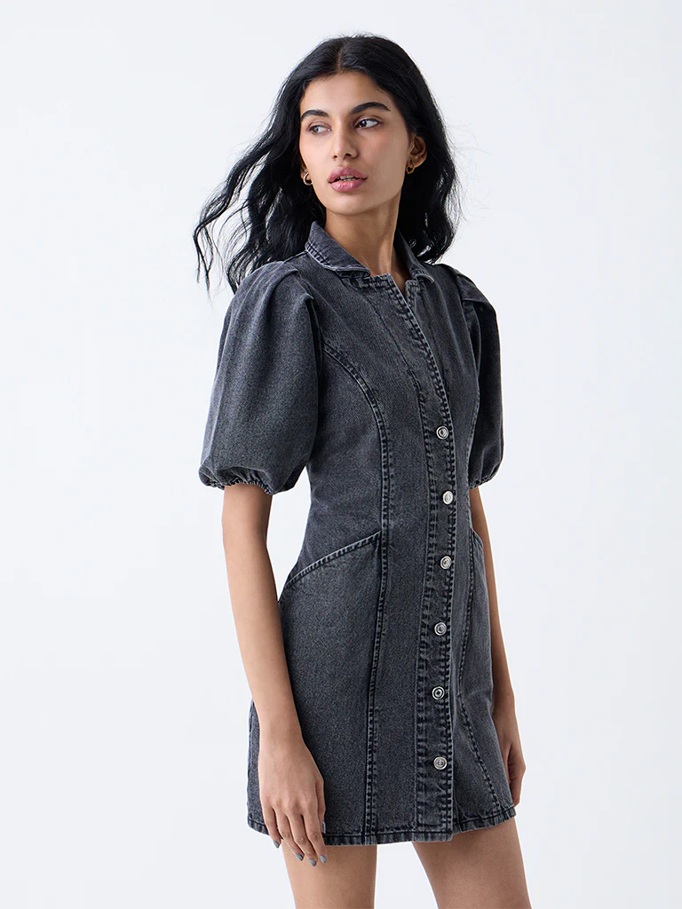 Nuon Grey Faded Denim A-Line Dress - Image 2