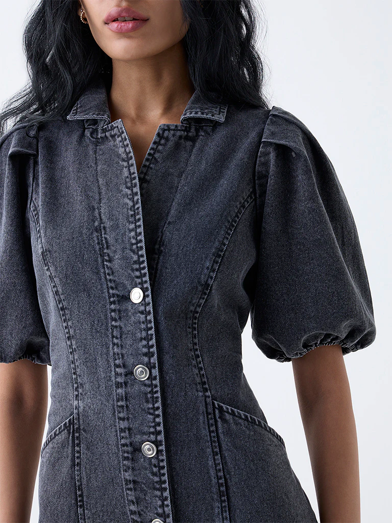 Nuon Grey Faded Denim A-Line Dress - Image 3