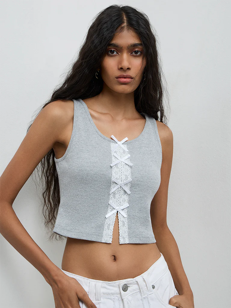 Nuon Grey Lace-Detailed Tank Cotton-Blend Top - Image 2