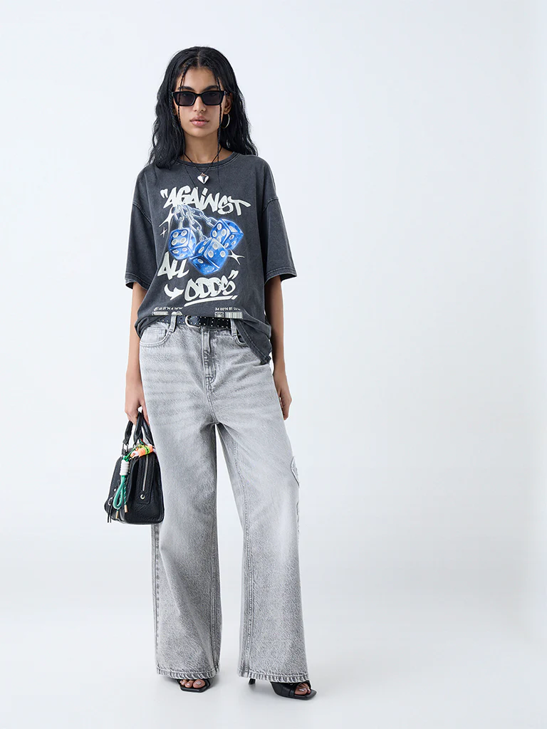 Nuon Grey Printed Cotton T-Shirt - Image 2
