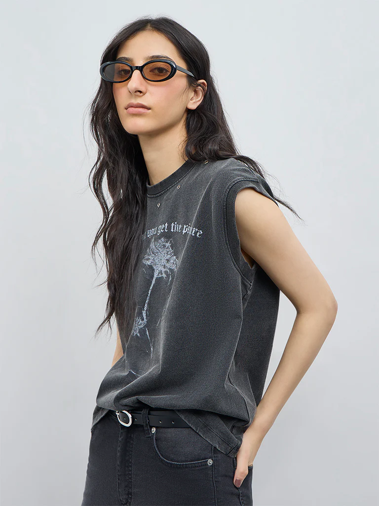 Nuon Grey Printed Denim-Inspired T-Shirt