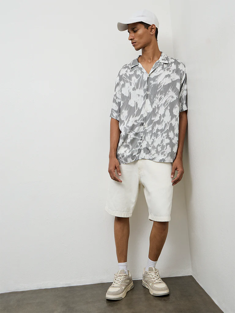 Nuon Grey Printed Relaxed-Fit Shirt