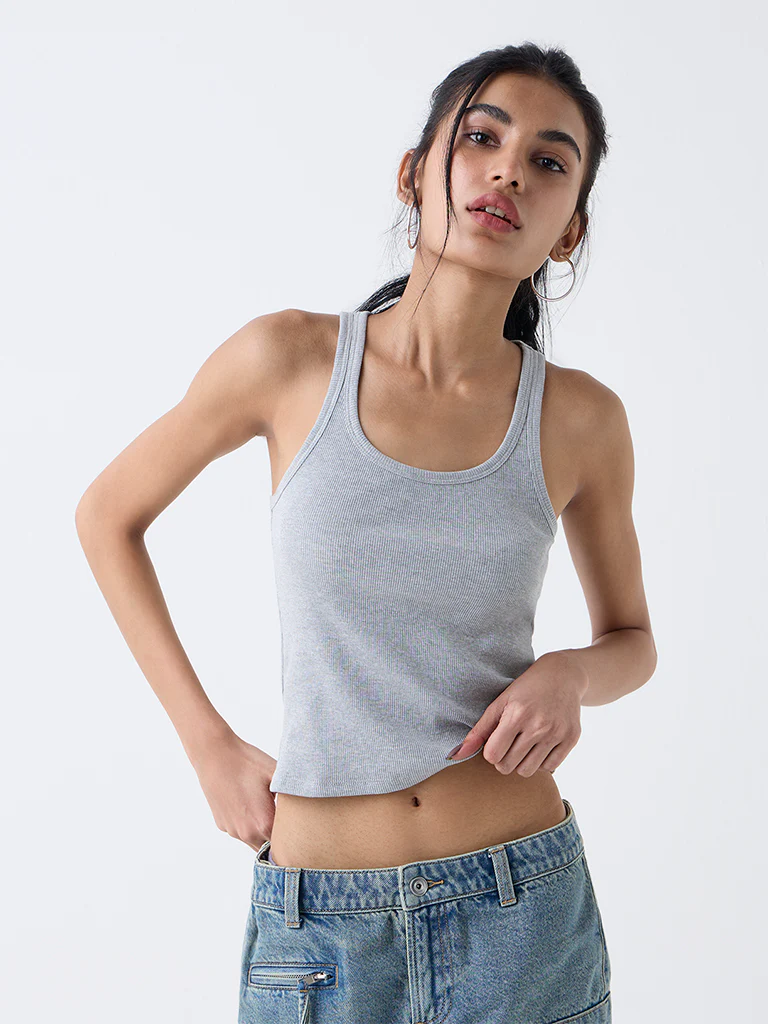 Nuon Grey Ribbed-Textured Cotton-Blend Tank Top