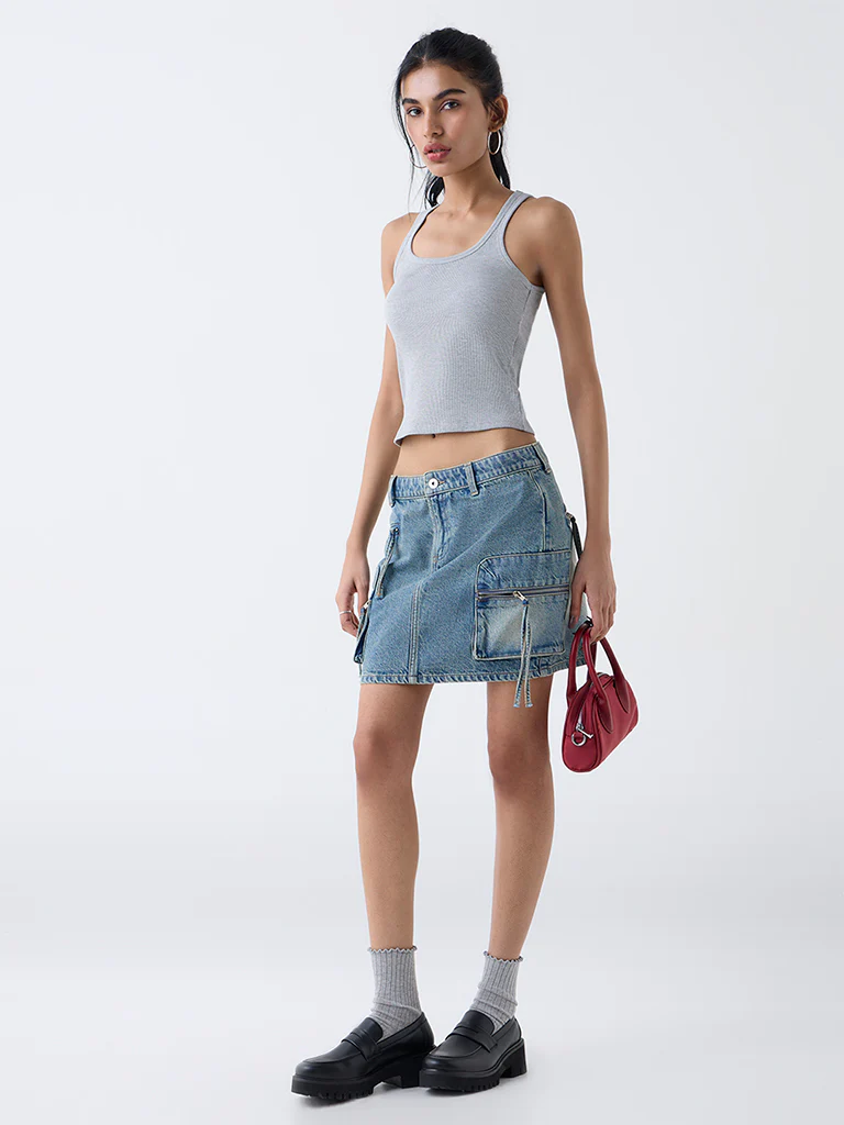 Nuon Grey Ribbed-Textured Cotton-Blend Tank Top - Image 2