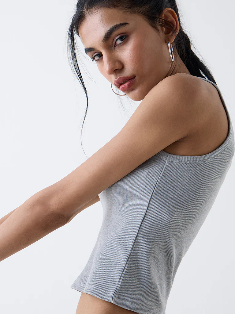 Nuon Grey Ribbed-Textured Cotton-Blend Tank Top - Image 3