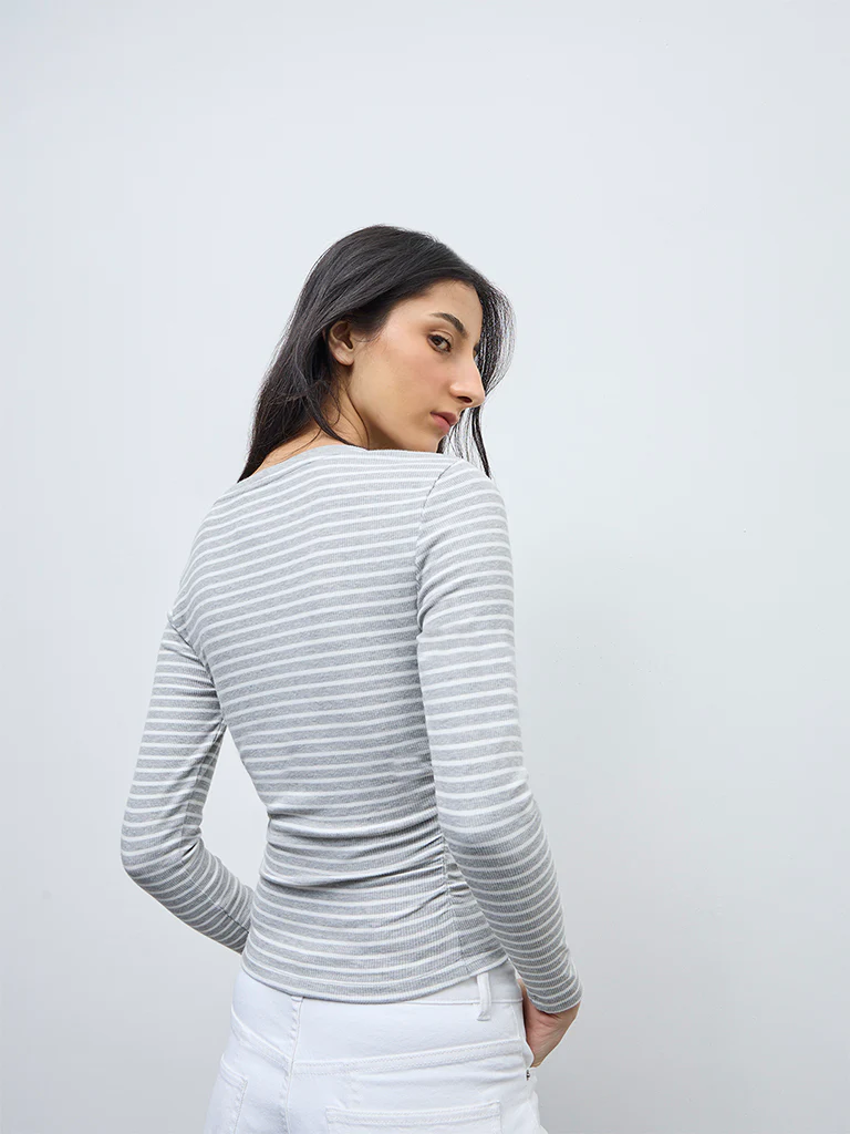 Nuon Grey Striped Pattern Cotton-Blend Top - Image 4