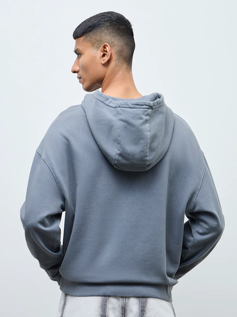 Nuon Grey Text Design Relaxed-Fit Cotton Hoodie - Image 4