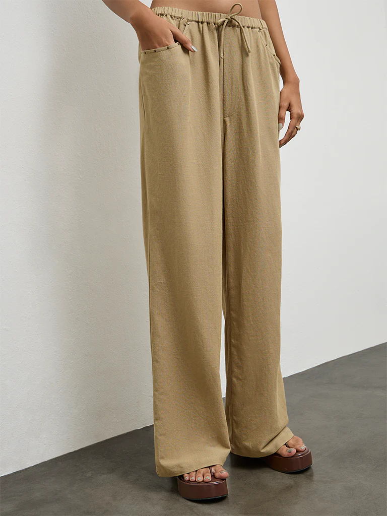 Nuon Khaki Solid High-Rise Linen Pants - Image 2