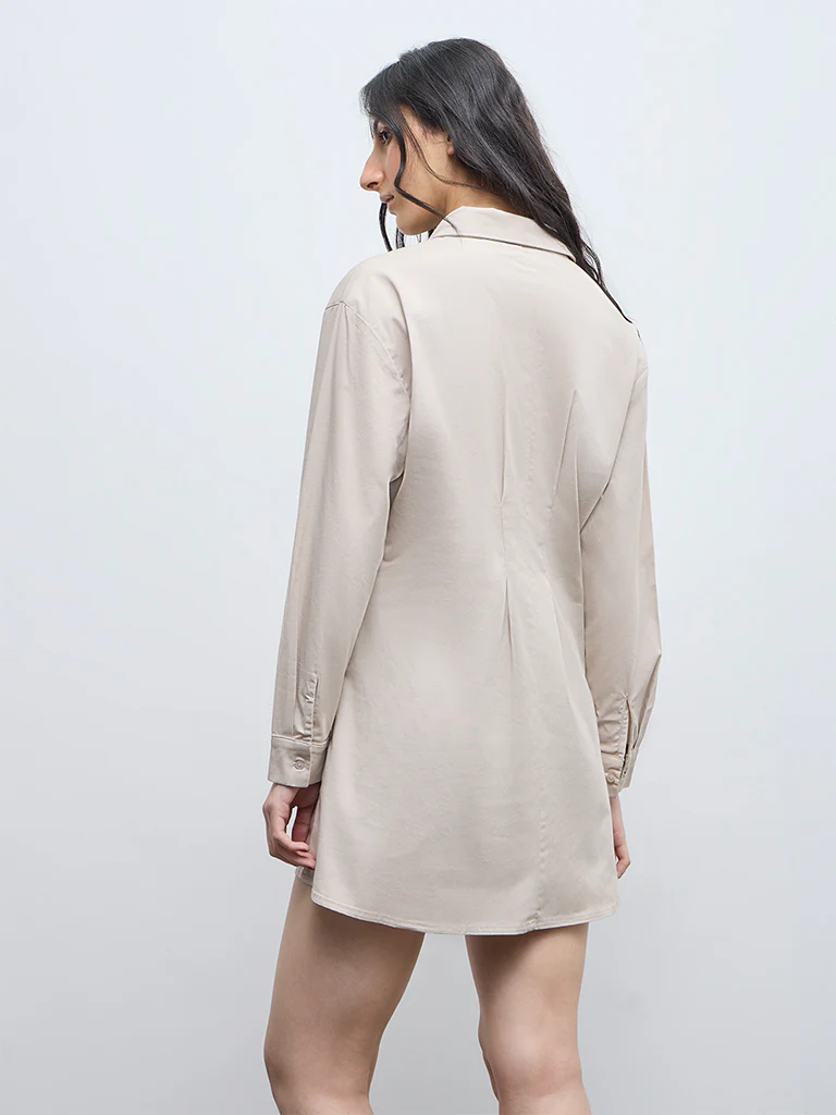 Nuon Light Beige Criss-Cross Detailed Cotton-Blend Shirt Dress - Image 4