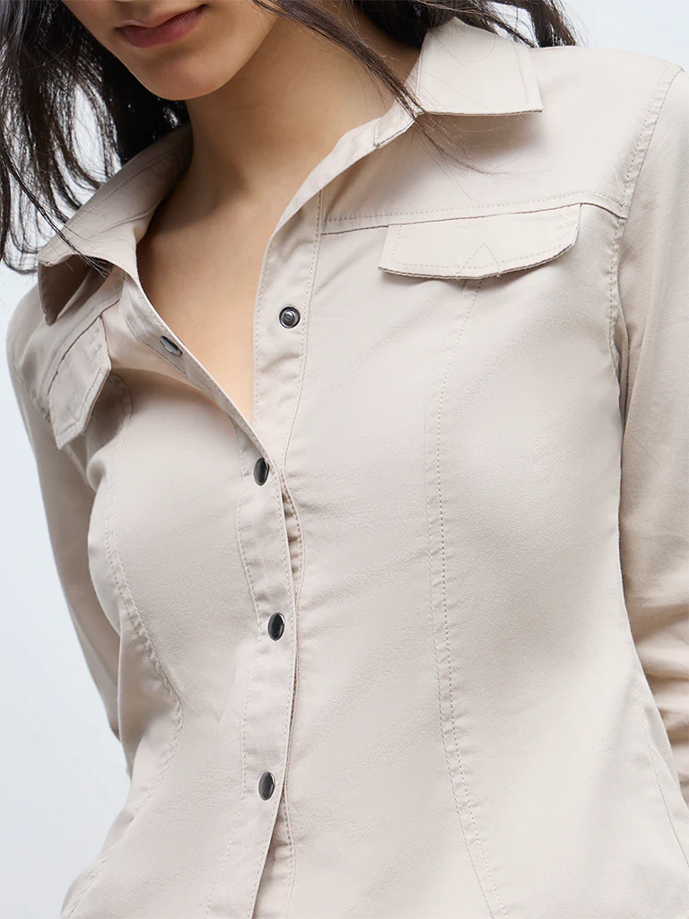 Nuon Light Beige Solid Cotton-Blend Shirt - Image 3