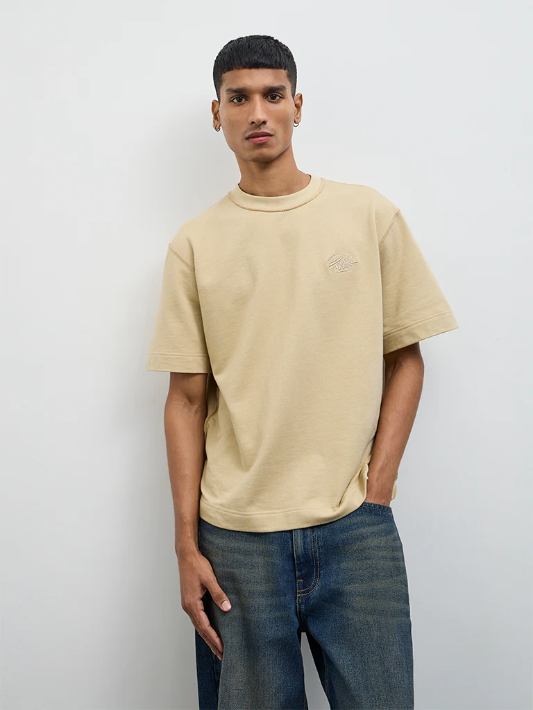 Nuon Light Beige Text Design Relaxed Fit Cotton T-Shirt