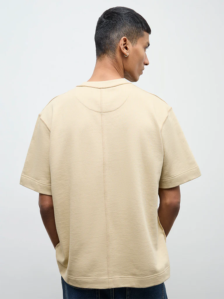 Nuon Light Beige Text Design Relaxed Fit Cotton T-Shirt - Image 5