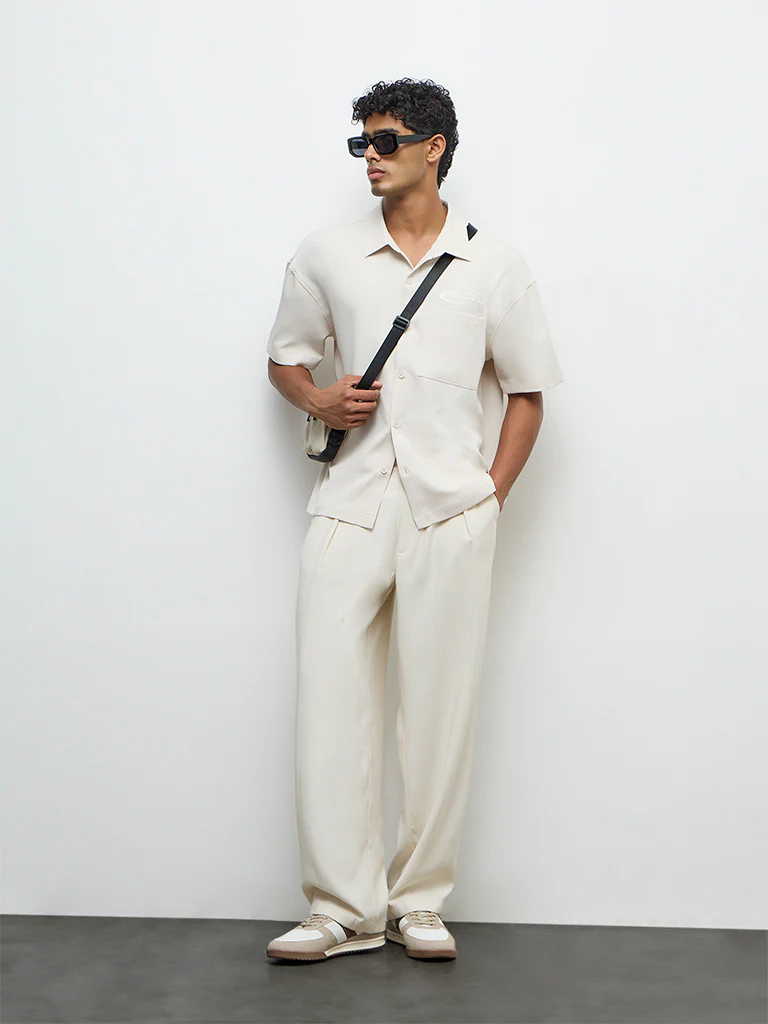 Nuon Light Beige Text-Detailed Boxy-Fit Shirt
