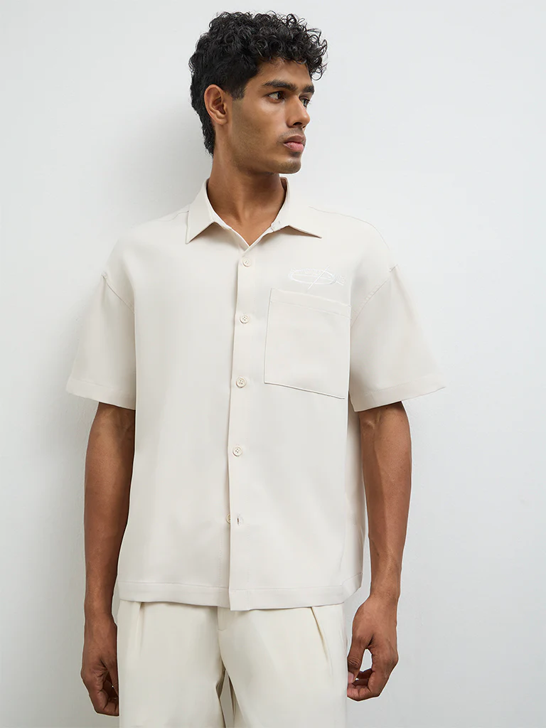 Nuon Light Beige Text-Detailed Boxy-Fit Shirt - Image 2