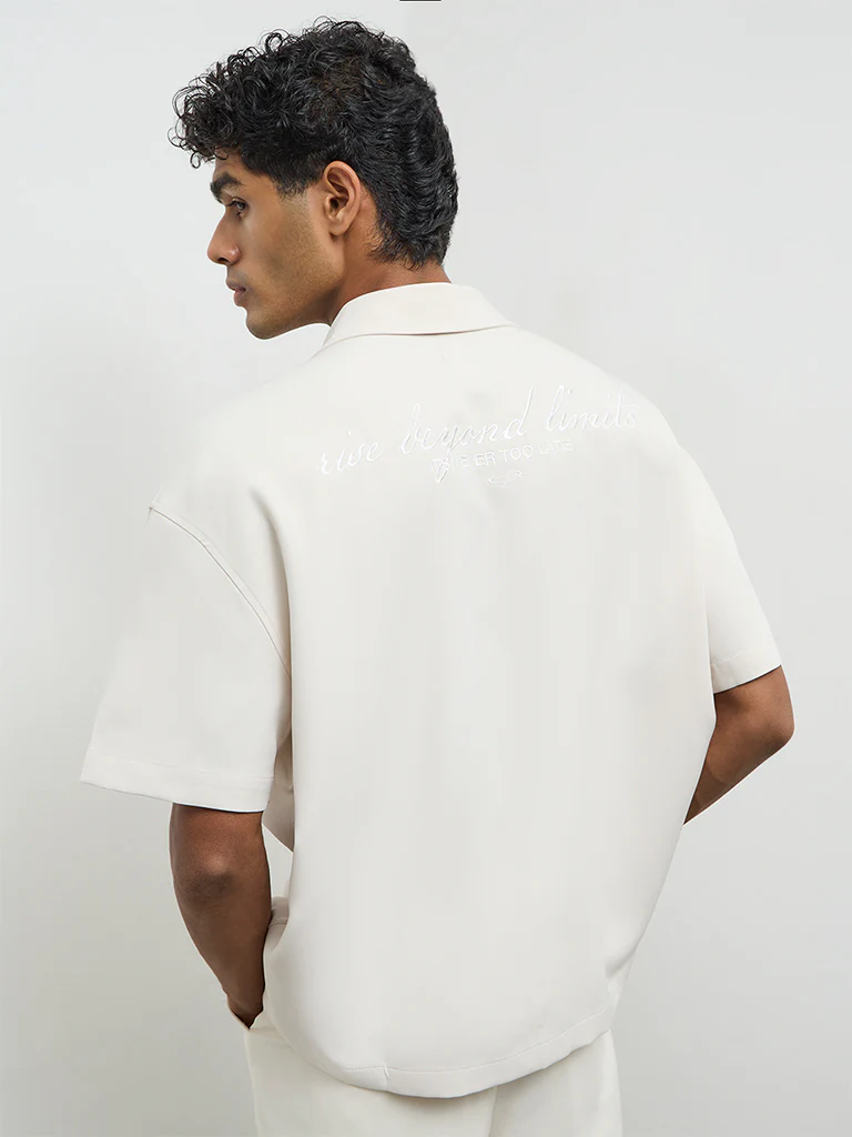 Nuon Light Beige Text-Detailed Boxy-Fit Shirt - Image 4