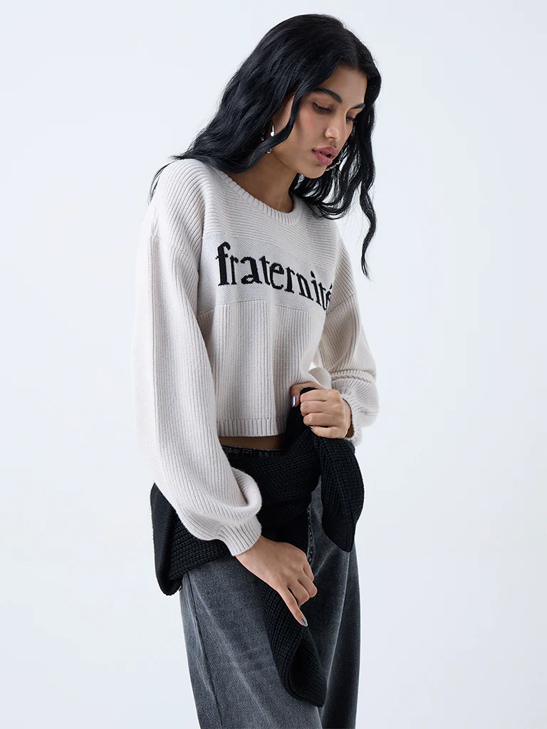 Nuon Light Beige Text Embroidered Sweater