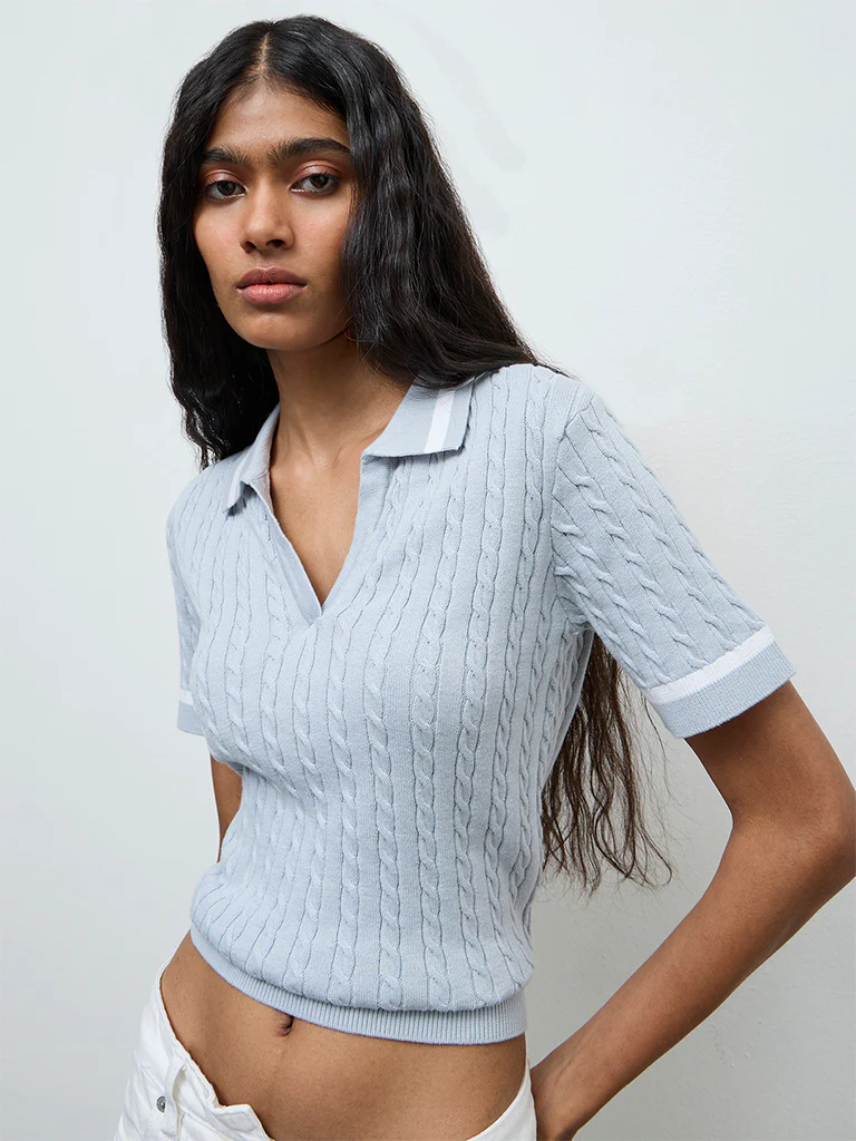 Nuon Light Blue Cable-Knit Cotton T-Shirt - Image 2