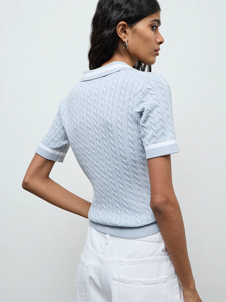 Nuon Light Blue Cable-Knit Cotton T-Shirt - Image 4