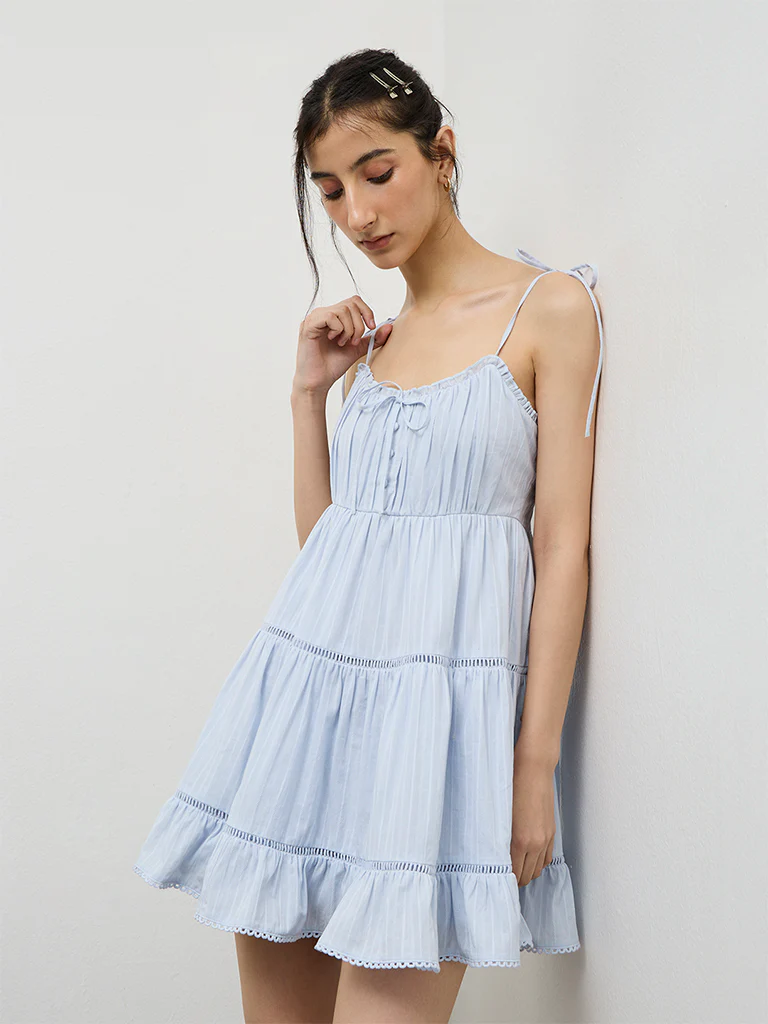 Nuon Light Blue Cotton Tiered Dress